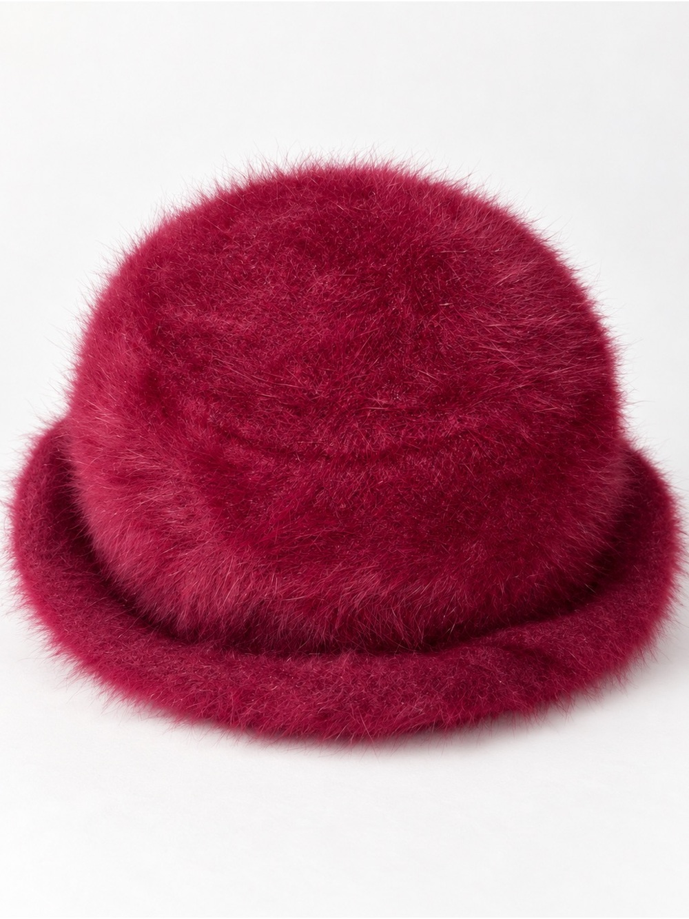 Fuzzy Angora-Blend Bucket Hat in Berry Red